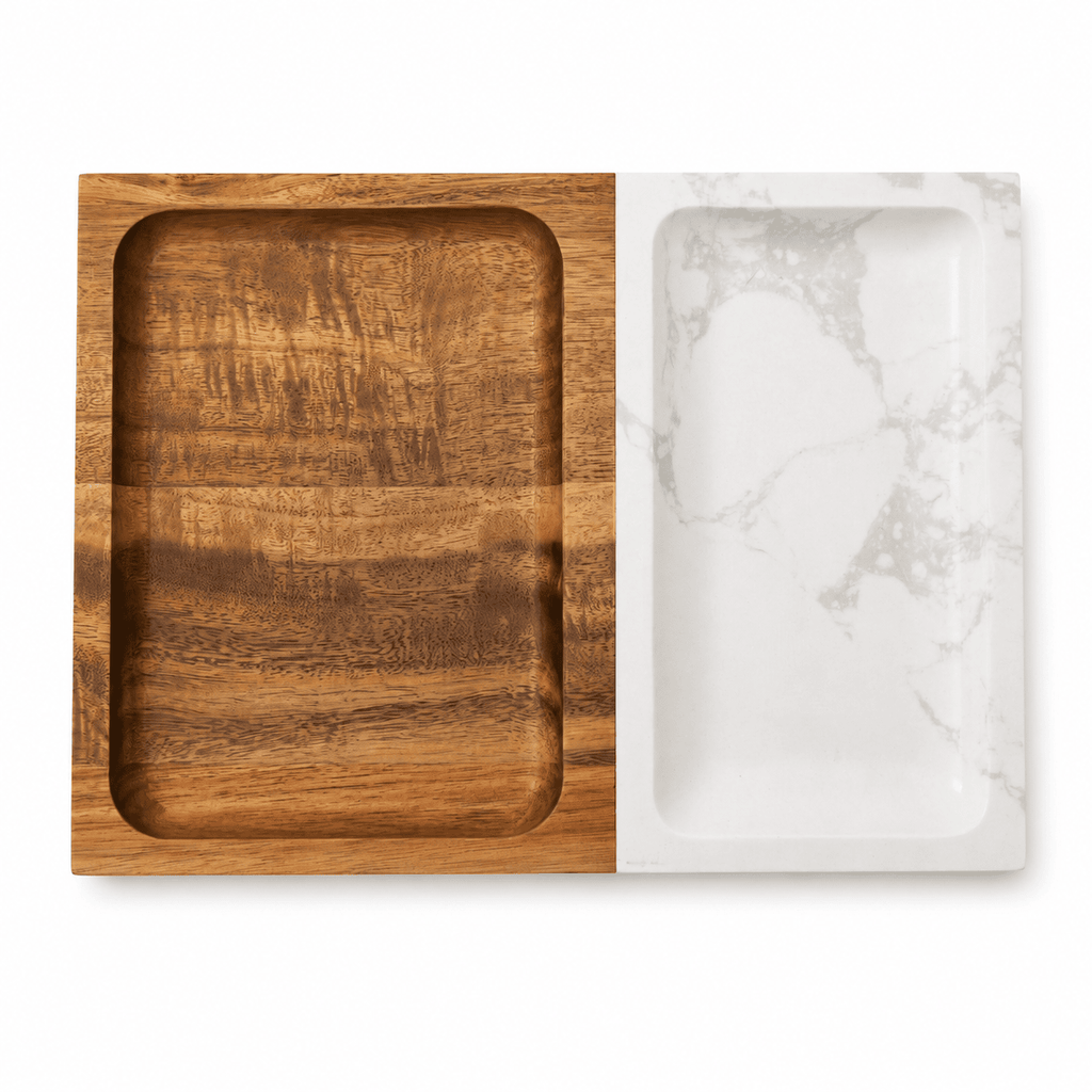 Overhead view of the marble and wood valet tray showing the recessed compartment on each side