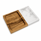 Marble and acacia wood valet tray on a white background, showing the wood grain of the acacia half and the veining of the marble half