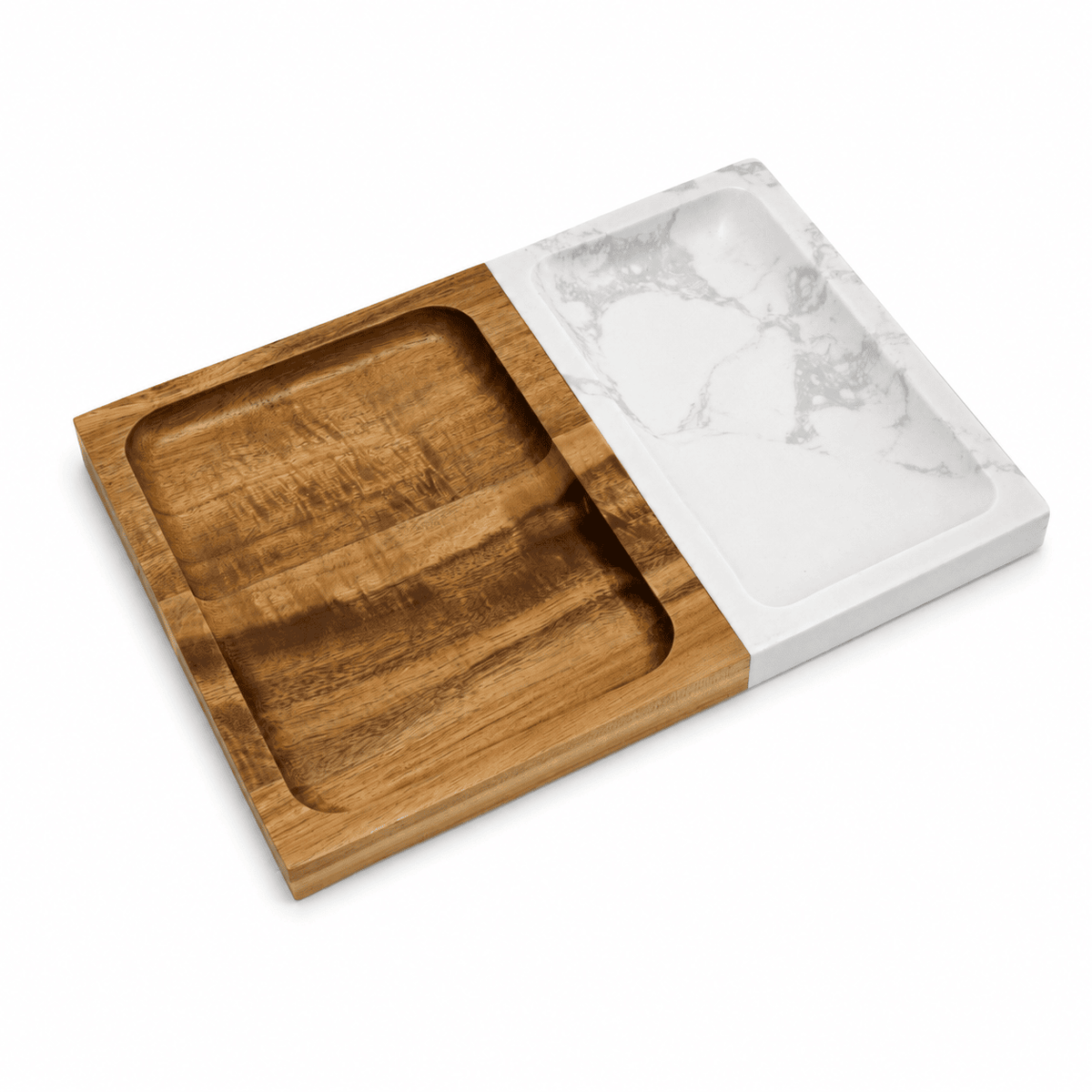 Marble and acacia wood valet tray on a white background, showing the wood grain of the acacia half and the veining of the marble half