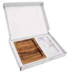 Marble and wood valet tray seated in its foam-lined gift box with the lid open