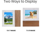 The same frame shown two ways: turned vertically for a 5 by 7 photo with the wood band on the right, and horizontally for a 7 by 5 photo with the wood band along the bottom