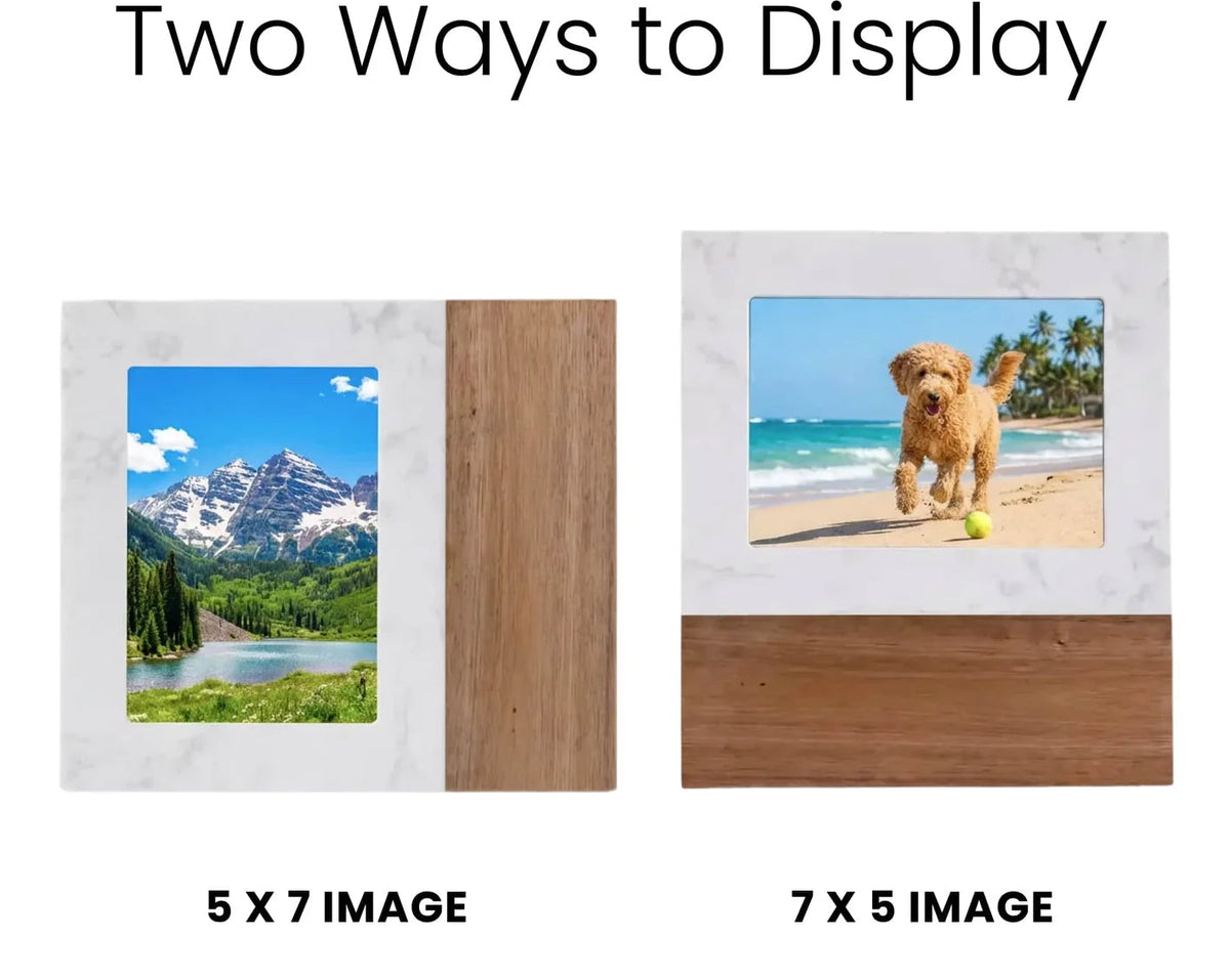 The same frame shown two ways: turned vertically for a 5 by 7 photo with the wood band on the right, and horizontally for a 7 by 5 photo with the wood band along the bottom
