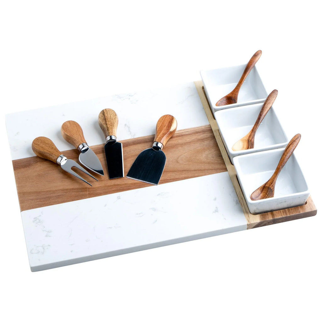 Marble and acacia charcuterie board with 11-piece serving set — engraved housewarming gift