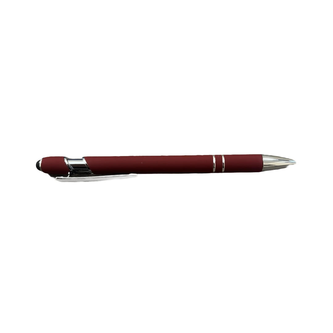 Maroon soft touch stylus pen with chrome accents and stylus tip