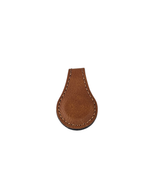 Rawhide leatherette magnetic bookmark with a stitched edge, shown folded over a page
