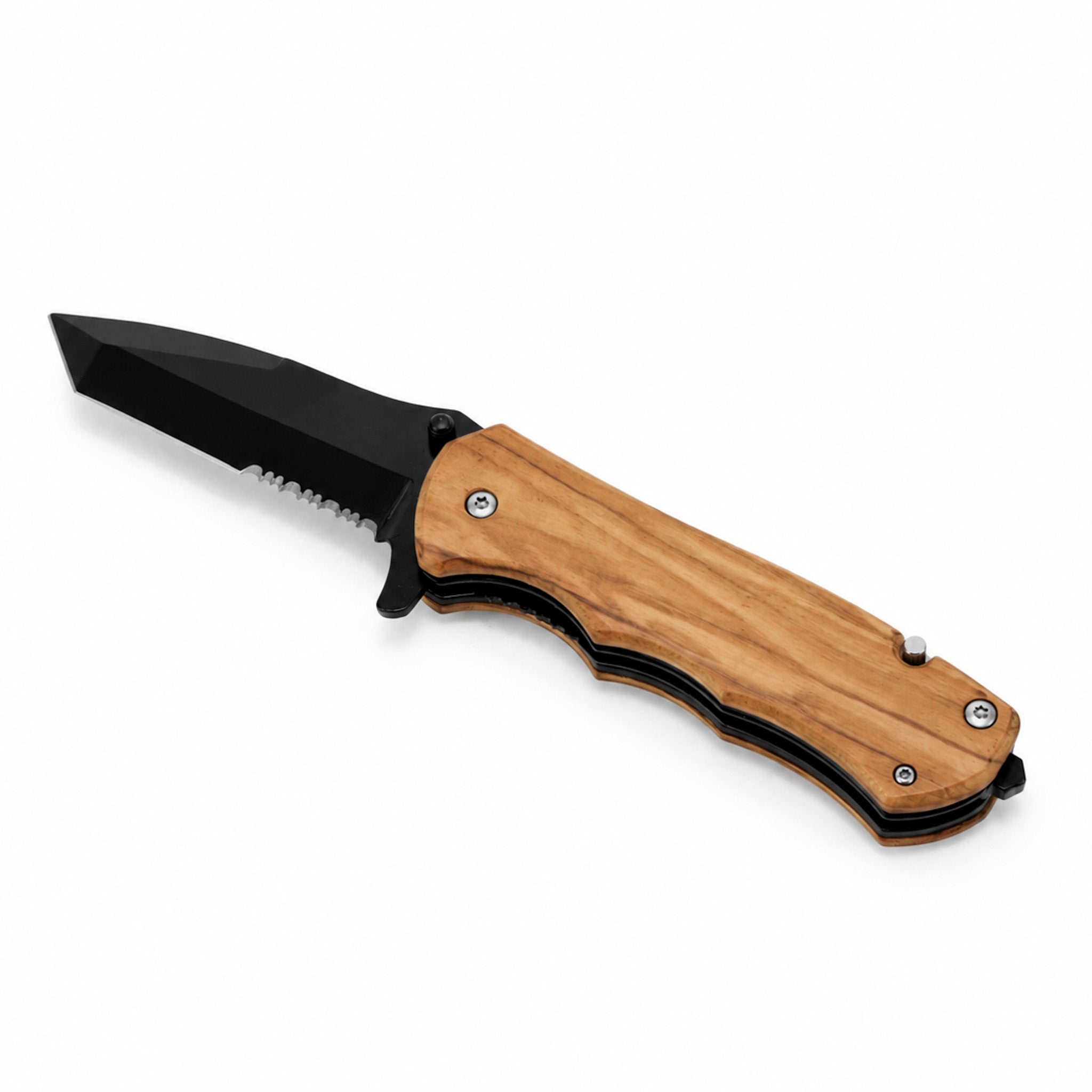 Spring assisted pocket knife with a natural ironwood handle, blade open