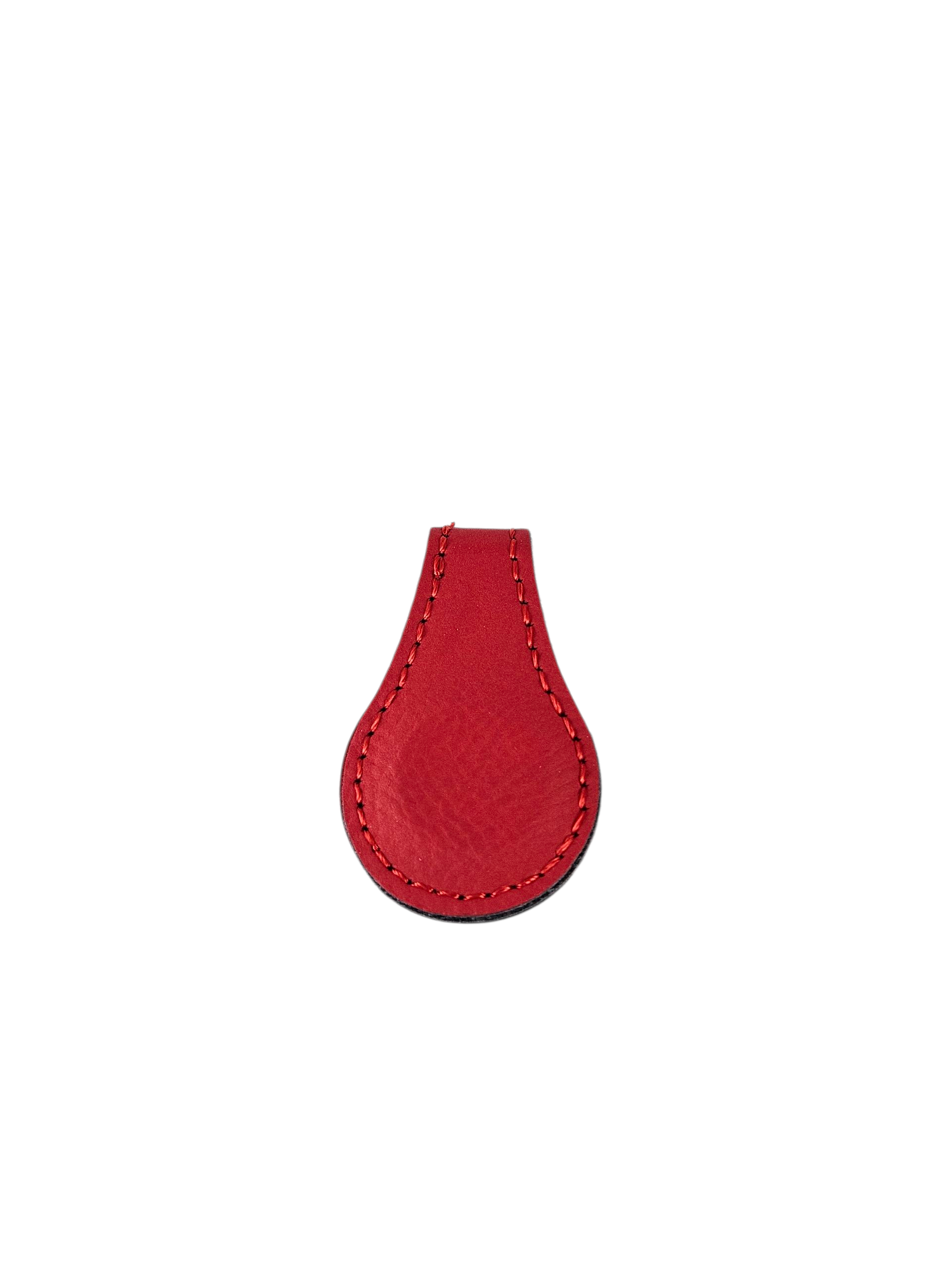 Red leatherette magnetic bookmark with a stitched edge, shown folded over a page