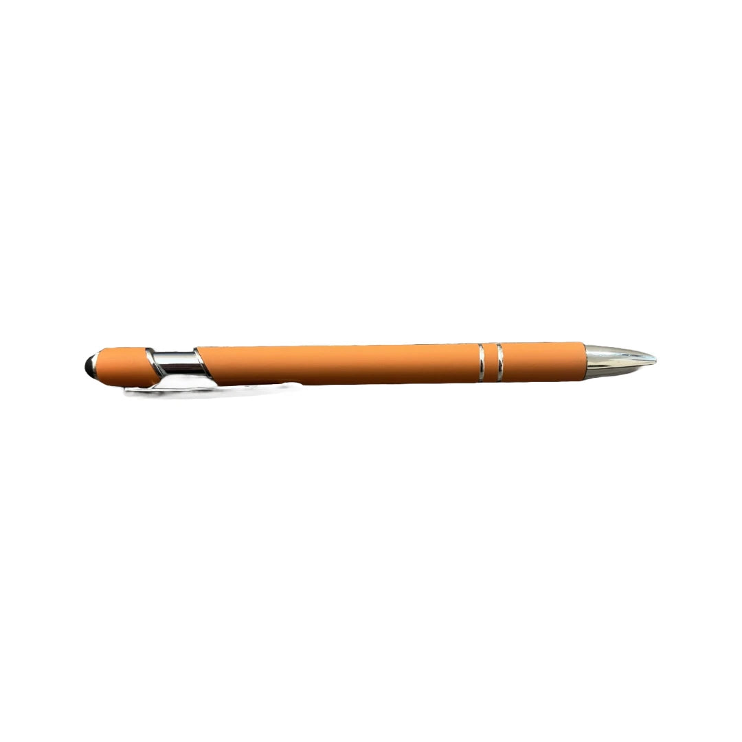 Orange soft touch stylus pen with chrome accents and stylus tip