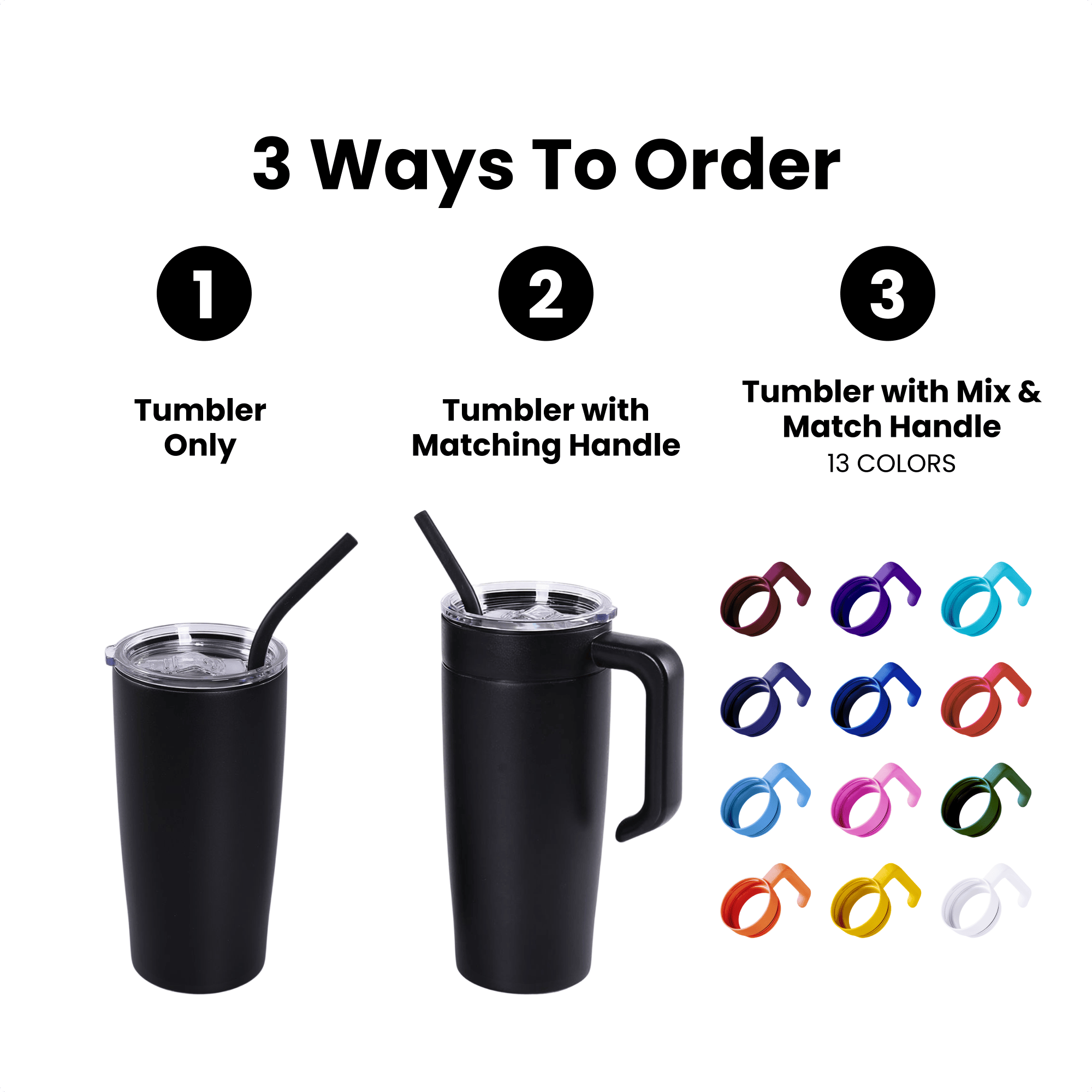 Three ways to order the 20 oz. Classic Tumbler: tumbler only, tumbler with matching handle, or tumbler with a mix and match handle — Solano Laser Craft