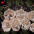 All six engraved wooden carol ornaments laid out together, each strung on a hanging cord