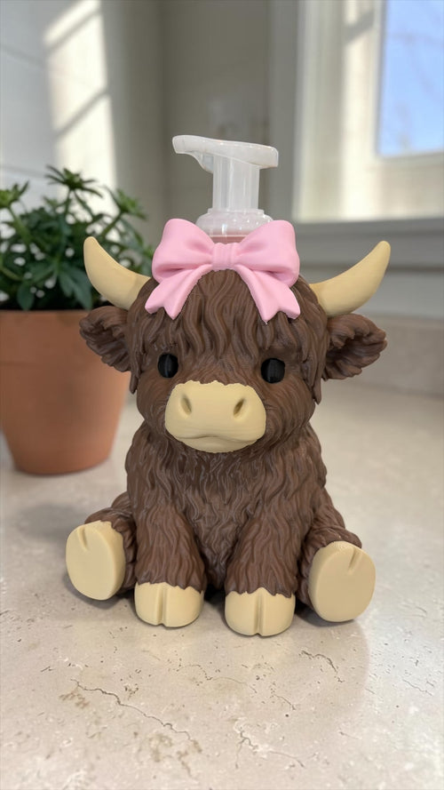 Highland cow soap holder with a pink bow, front view, with a foaming soap pump peeking out the top on a kitchen counter