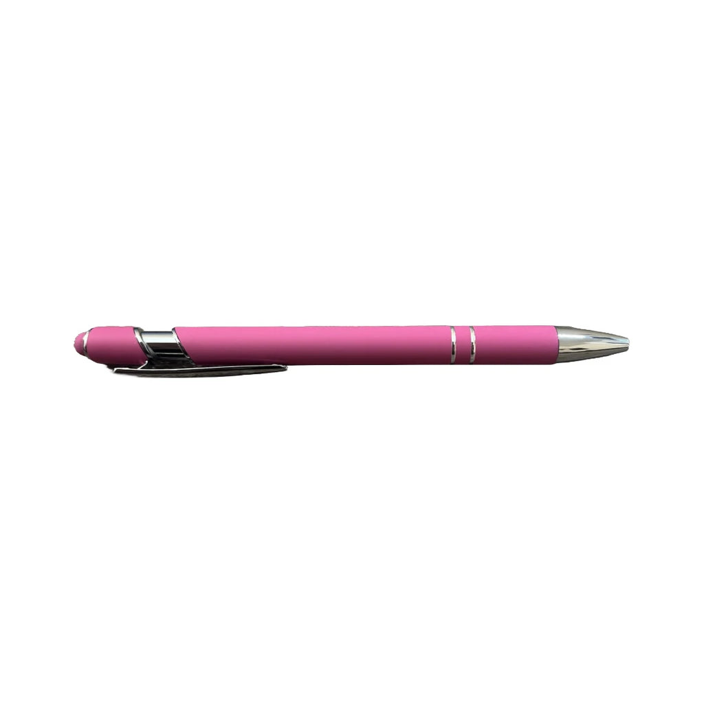 Pink soft touch stylus pen with chrome accents and stylus tip