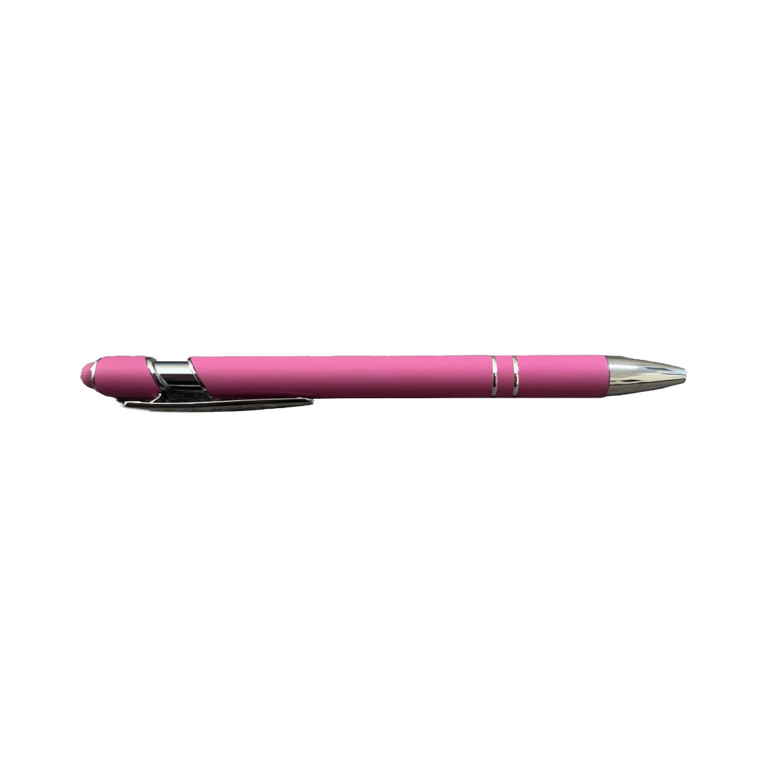 Pink soft touch stylus pen with chrome accents and stylus tip