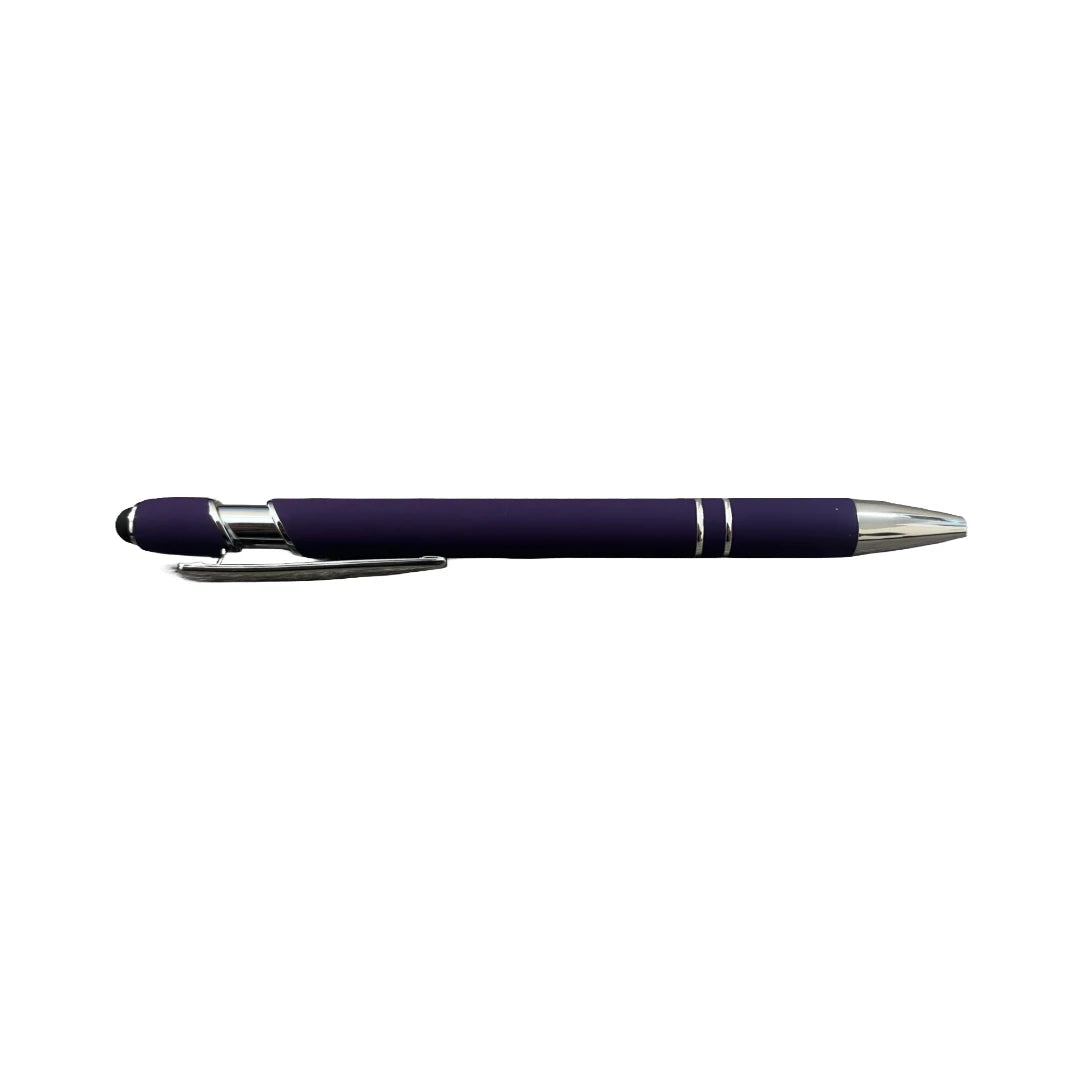 Purple soft touch stylus pen with chrome accents and stylus tip