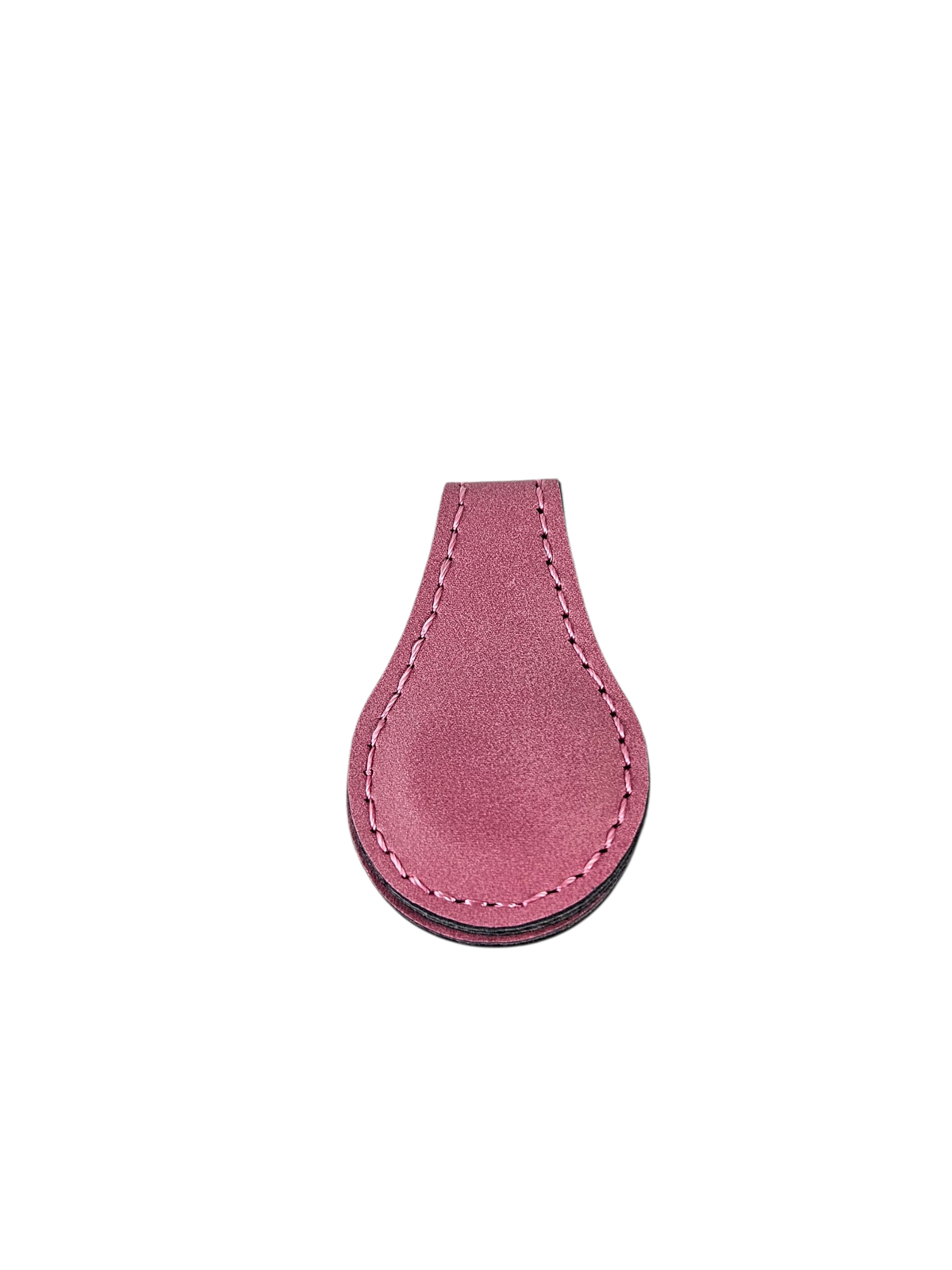 Pink leatherette magnetic bookmark with a stitched edge, shown folded over a page