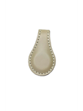Beige leatherette magnetic bookmark with a stitched edge, shown folded over a page