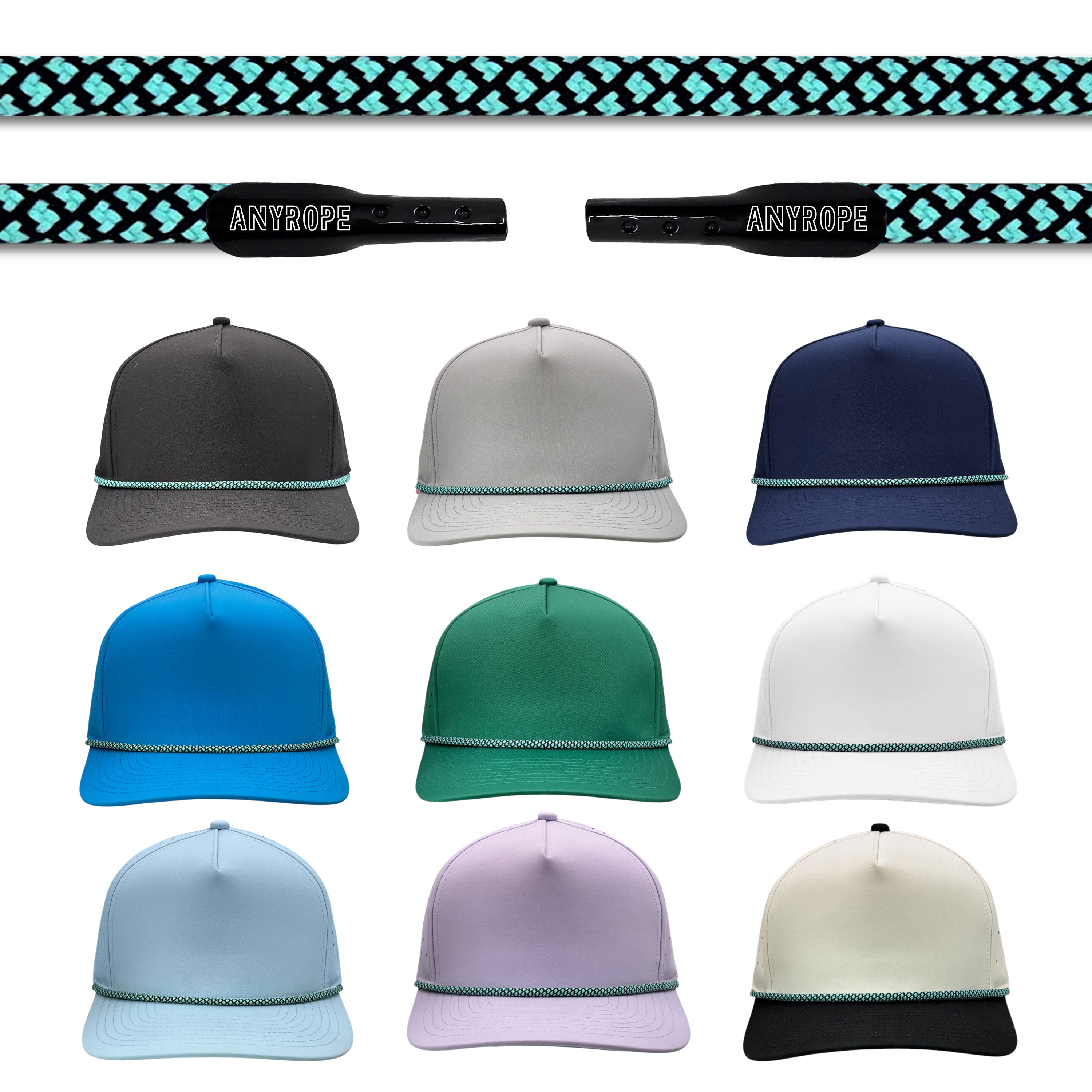 Black and Teal Anyrope interchangeable hat rope — braided snapback rope