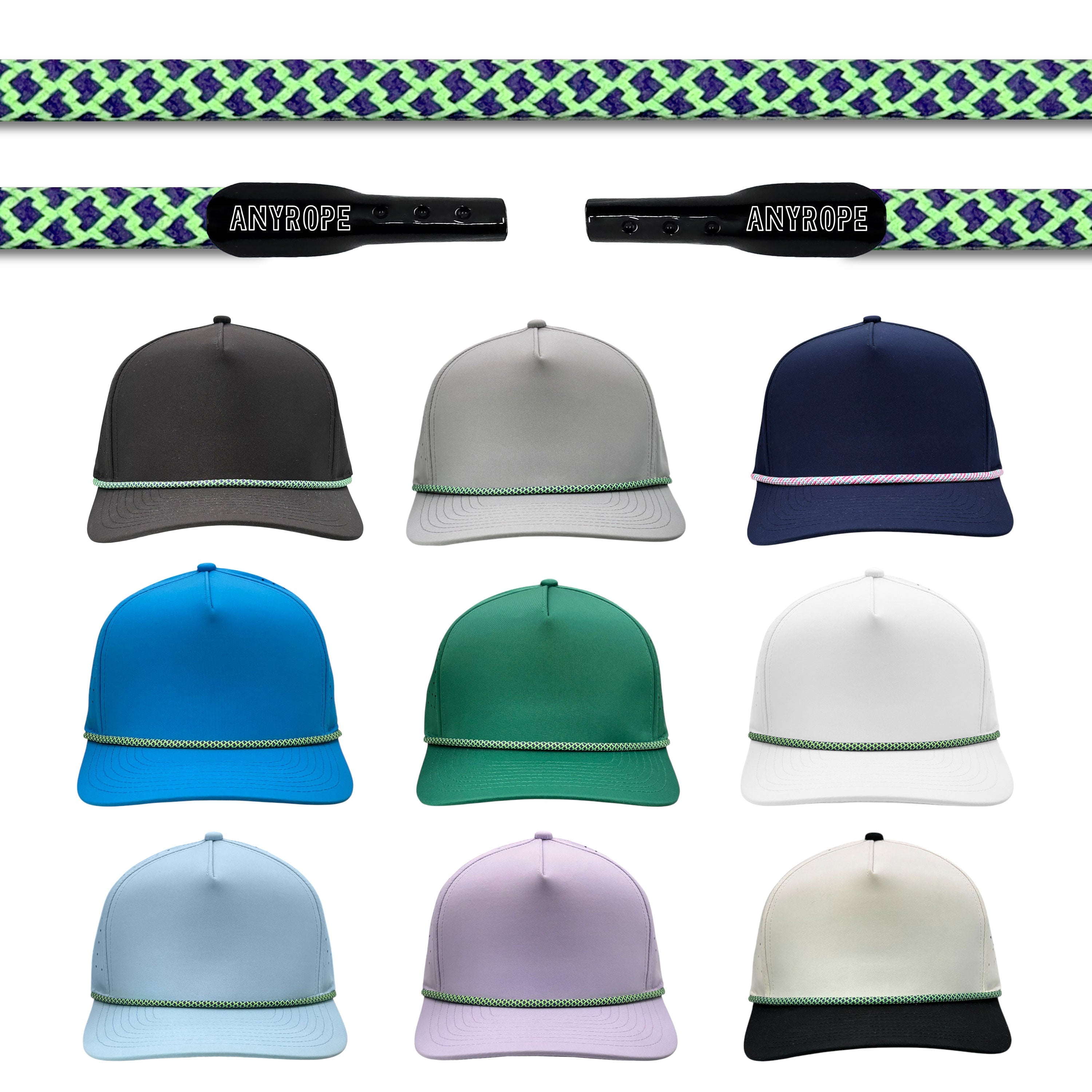 Purple and Lime Hatch Anyrope interchangeable hat rope — braided snapback rope