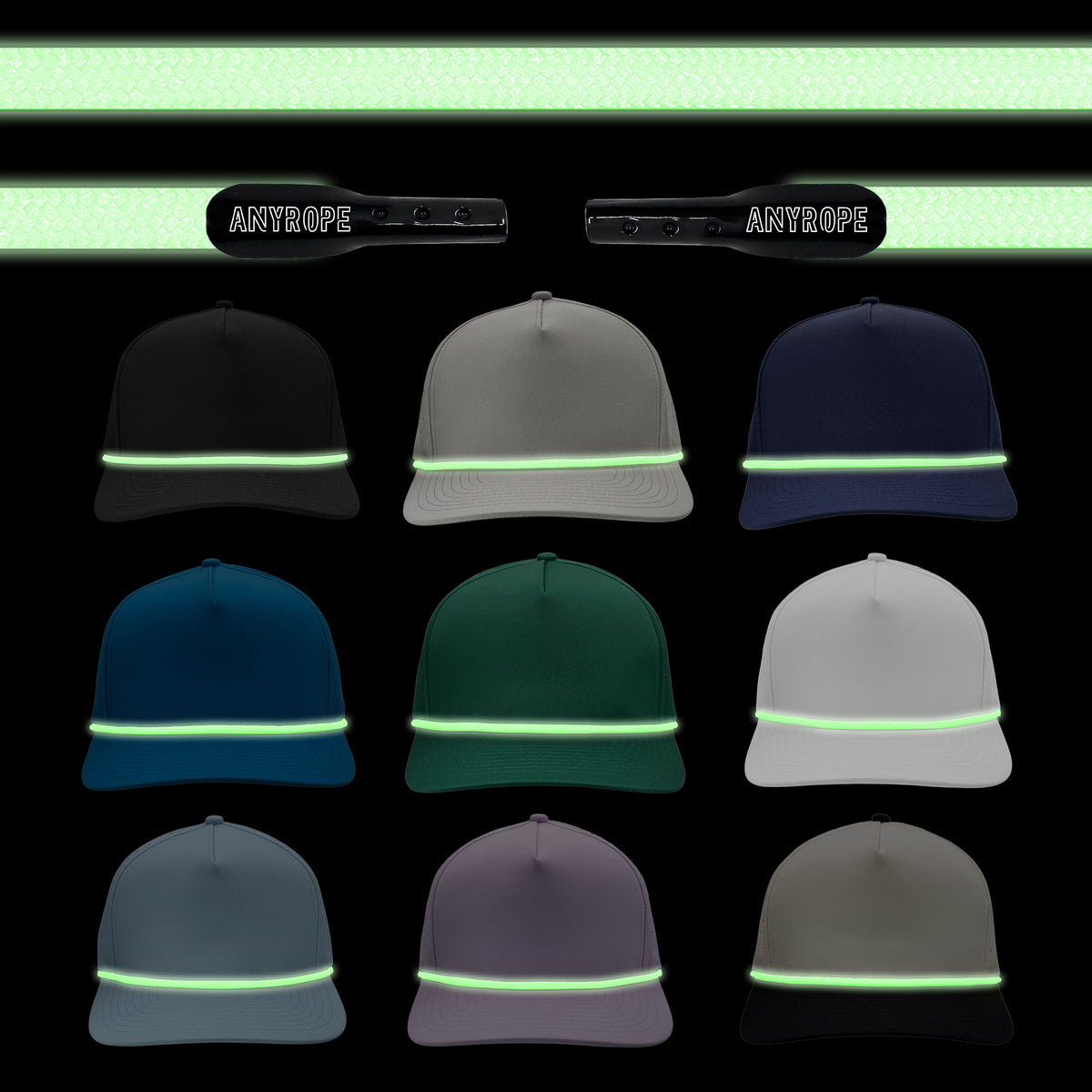 Glow-in-the-dark Anyrope interchangeable hat rope — braided snapback rope