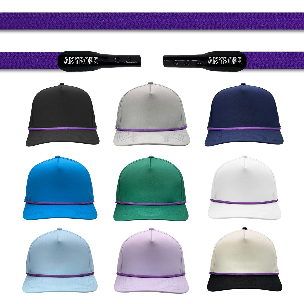 Purple Anyrope interchangeable hat rope — braided snapback rope