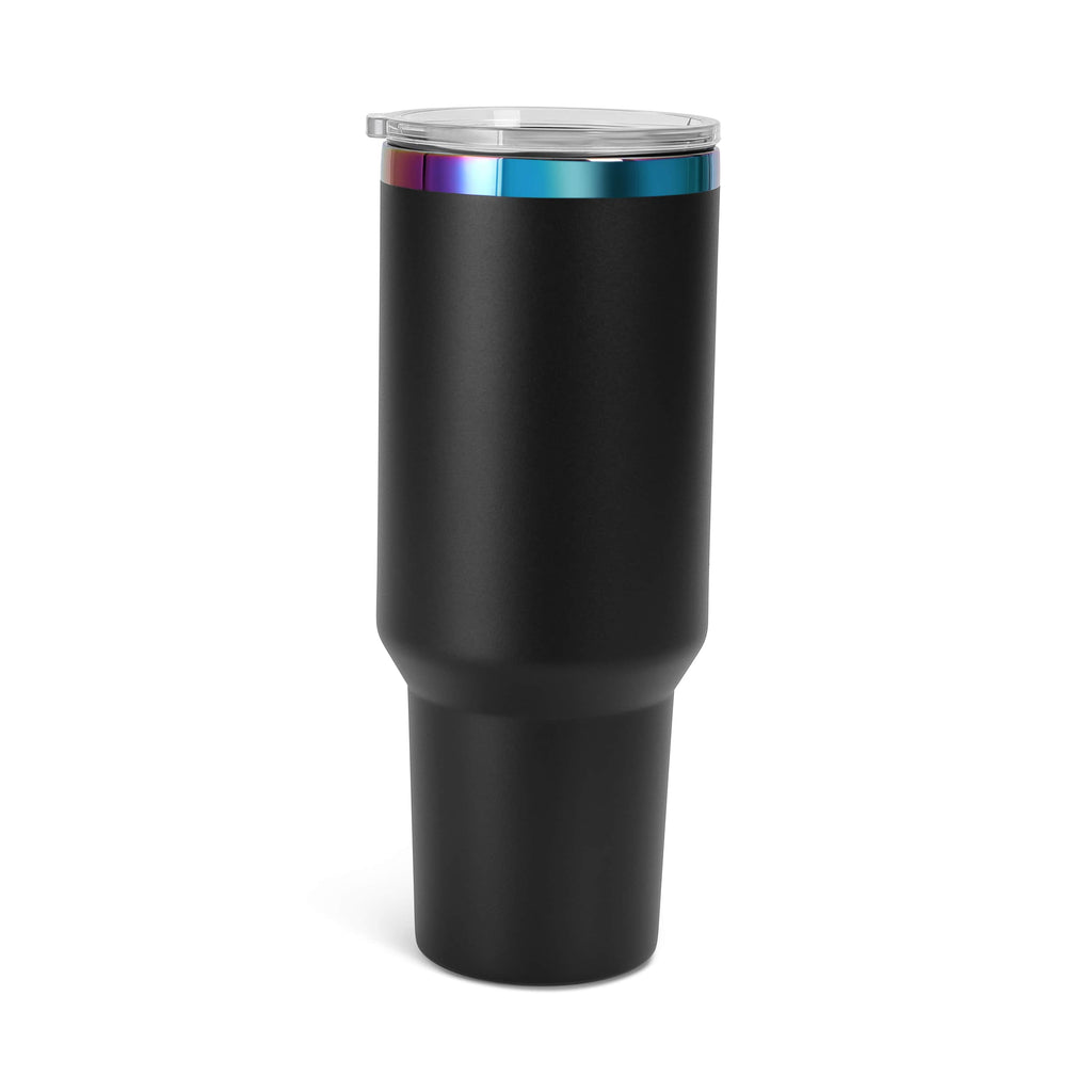 Black 40 oz. tumbler with a rainbow plated rim and lid