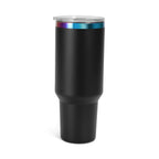 Black 40 oz. tumbler with a rainbow plated rim and lid