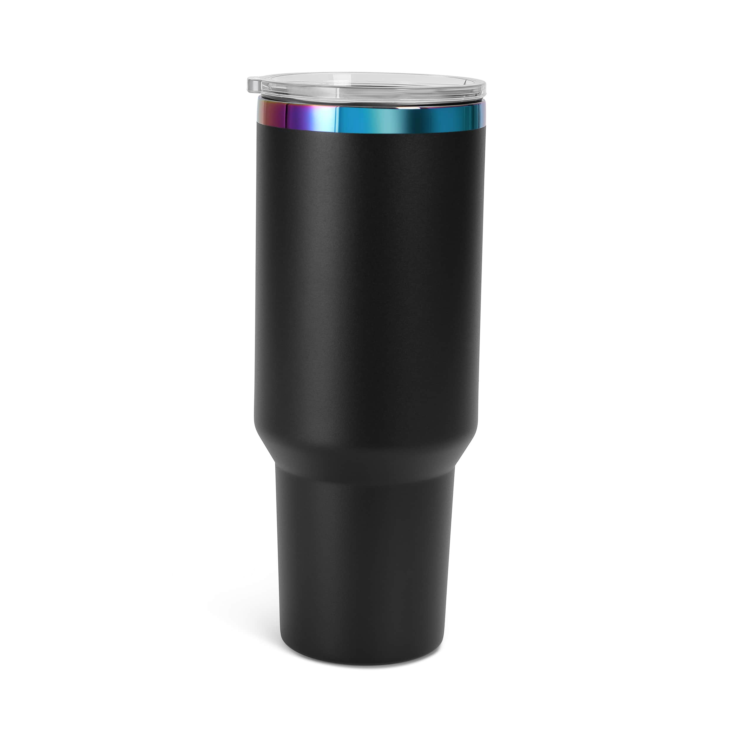 Black 40 oz. tumbler with a rainbow plated rim and lid