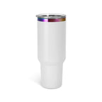 White 40 oz. tumbler with a rainbow plated rim and lid