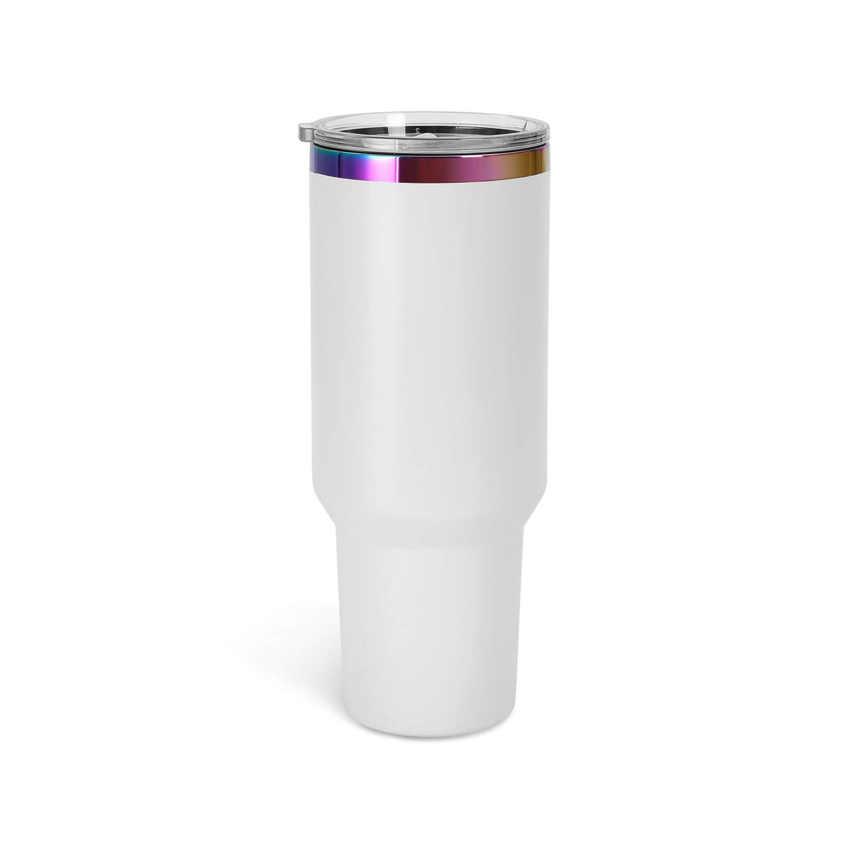 White 40 oz. tumbler with a rainbow plated rim and lid
