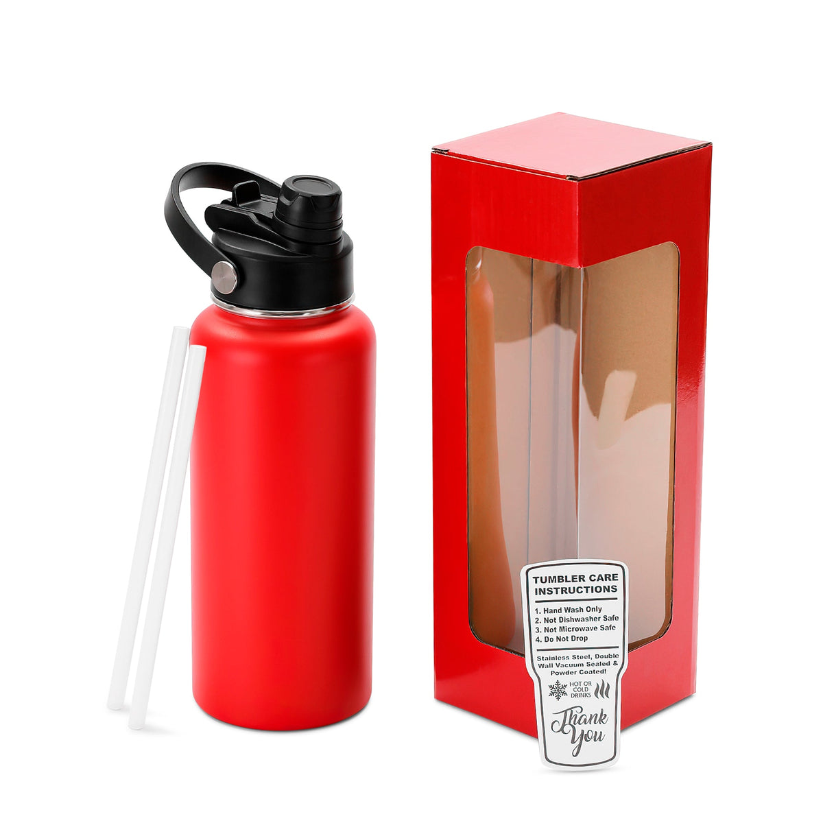 Red 32 oz. insulated water bottle with sport lid and gift box