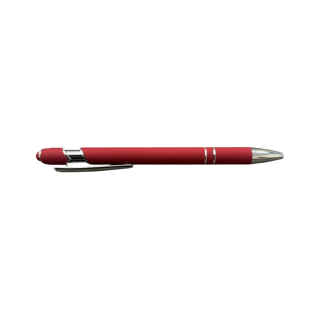 Red soft touch stylus pen with chrome accents and stylus tip