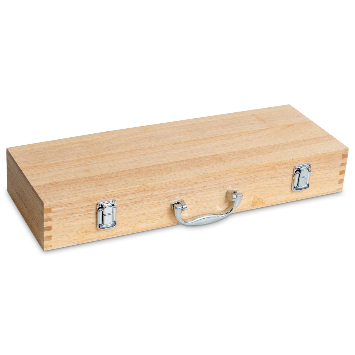 Rubber wood carrying case of the ten piece barbecue grill set, closed — custom engraved BBQ set by Solano Laser Craft