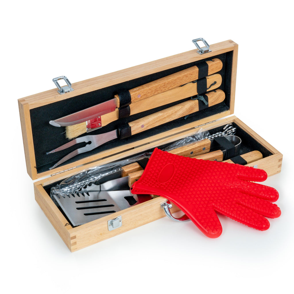 Ten piece barbecue grill set with stainless steel tools in a rubber wood carrying case — custom engraved BBQ set by Solano Laser Craft