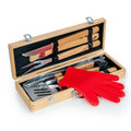 Ten piece barbecue grill set with stainless steel tools in a rubber wood carrying case — custom engraved BBQ set by Solano Laser Craft