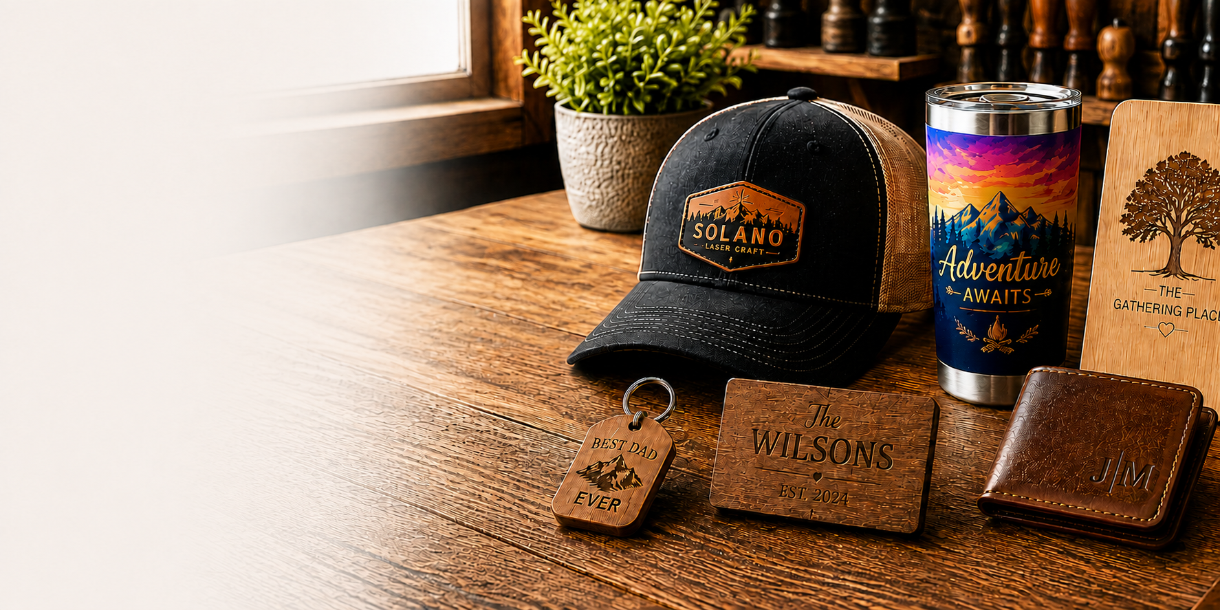 Custom engraved and printed gifts on a wood table — a black trucker hat with a Solano Laser Craft leather patch, a full-color mountain tumbler, an engraved wood keychain, a leatherette board reading The Wilsons, and a monogrammed leather wallet