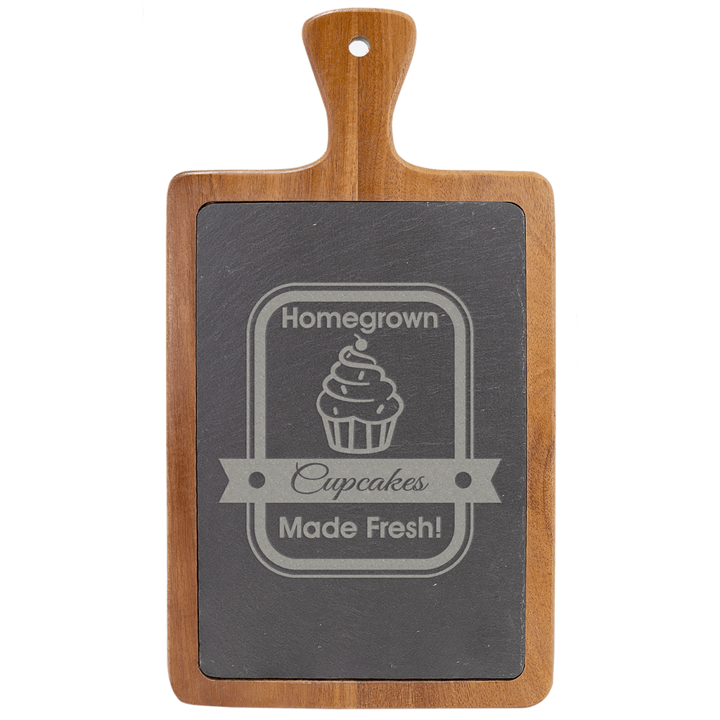 Acacia wood and slate cutting board, 13 1/4 by 7 inches, with a rounded handle