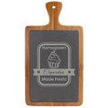 Acacia wood and slate cutting board, 13 1/4 by 7 inches, with a rounded handle