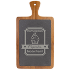 Acacia wood and slate cutting board, 13 1/4 by 7 inches, with a rounded handle