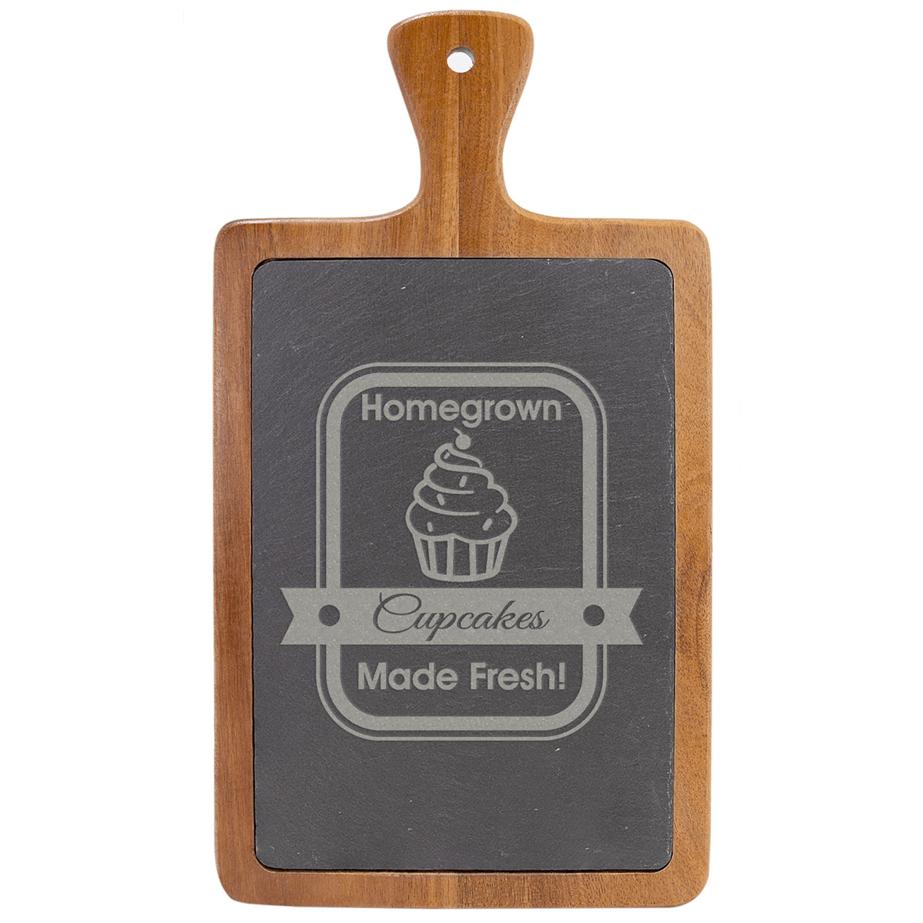 Acacia wood and slate cutting board, 13 1/4 by 7 inches, with a rounded handle