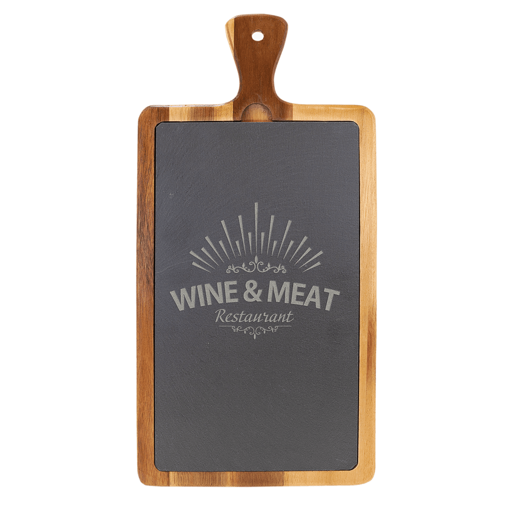 Acacia wood and slate cutting board, 16 by 7 3/4 inches, with a handle at one end