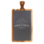 Acacia wood and slate cutting board, 16 by 7 3/4 inches, with a handle at one end
