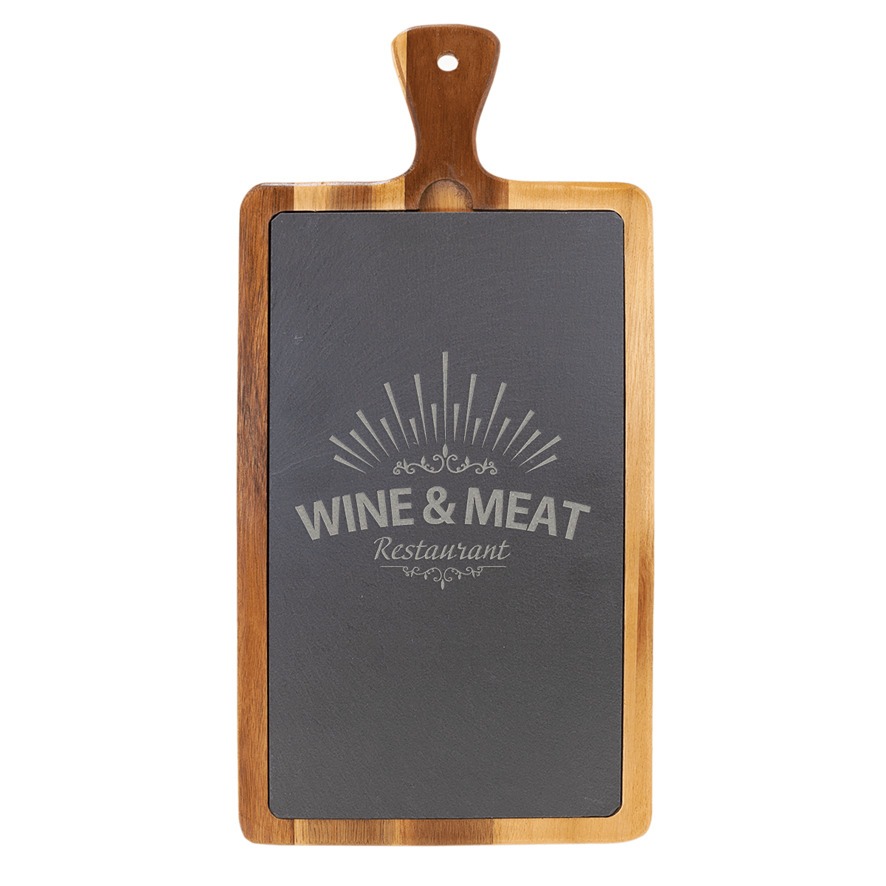 Acacia wood and slate cutting board, 16 by 7 3/4 inches, with a handle at one end