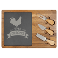 Rectangular slate cheese board framed in acacia wood with two knives and a fork set into the front