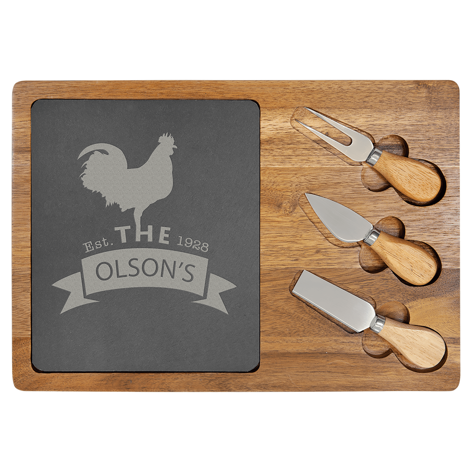 Rectangular slate cheese board framed in acacia wood with two knives and a fork set into the front