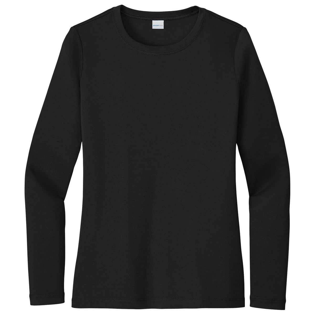 Black women's long sleeve sun shirt, front view variant-womens-black-s variant-womens-black-m variant-womens-black-l variant-womens-black-xl variant-womens-black-2xl variant-womens-black-3xl