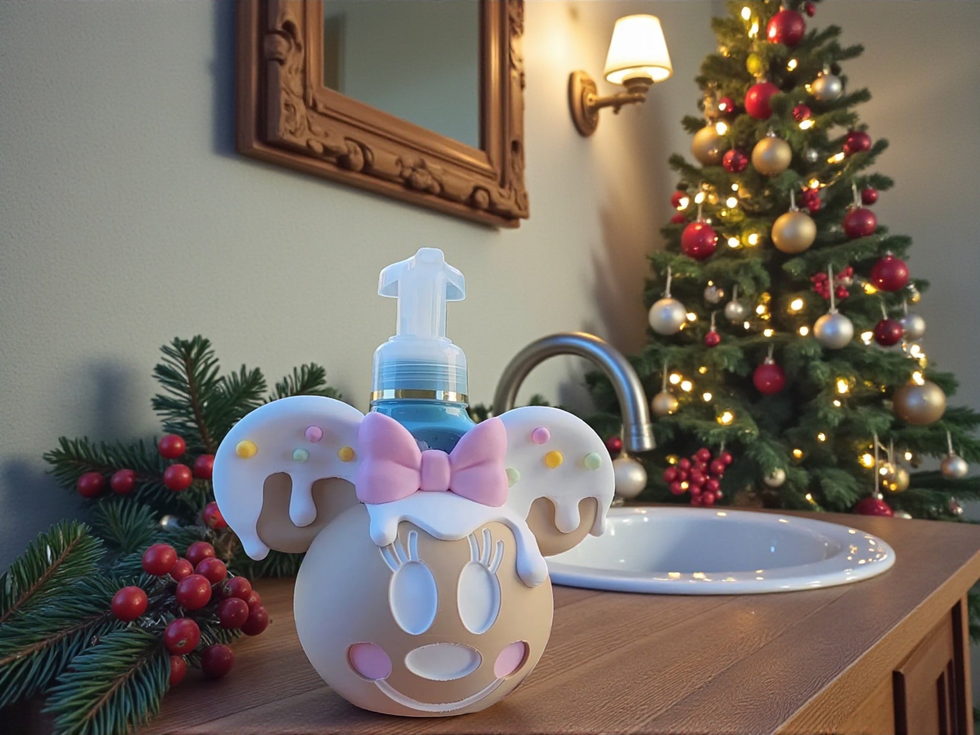 Gingerbread-styled soap dispenser cover with mouse ears, shown on a bathroom counter with a Christmas tree behind