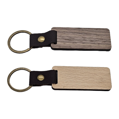 Walnut and beech rectangle wood keychains shown together