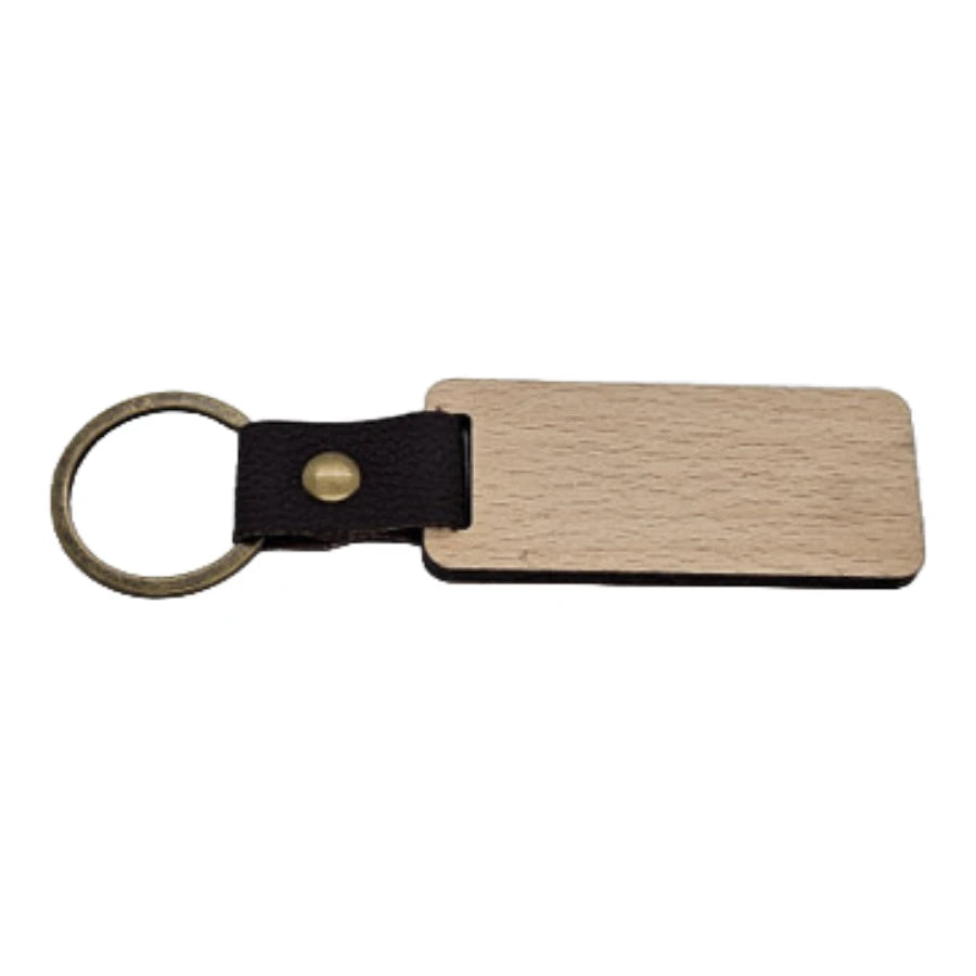 Beech rectangle wood keychain on a riveted strap and split ring