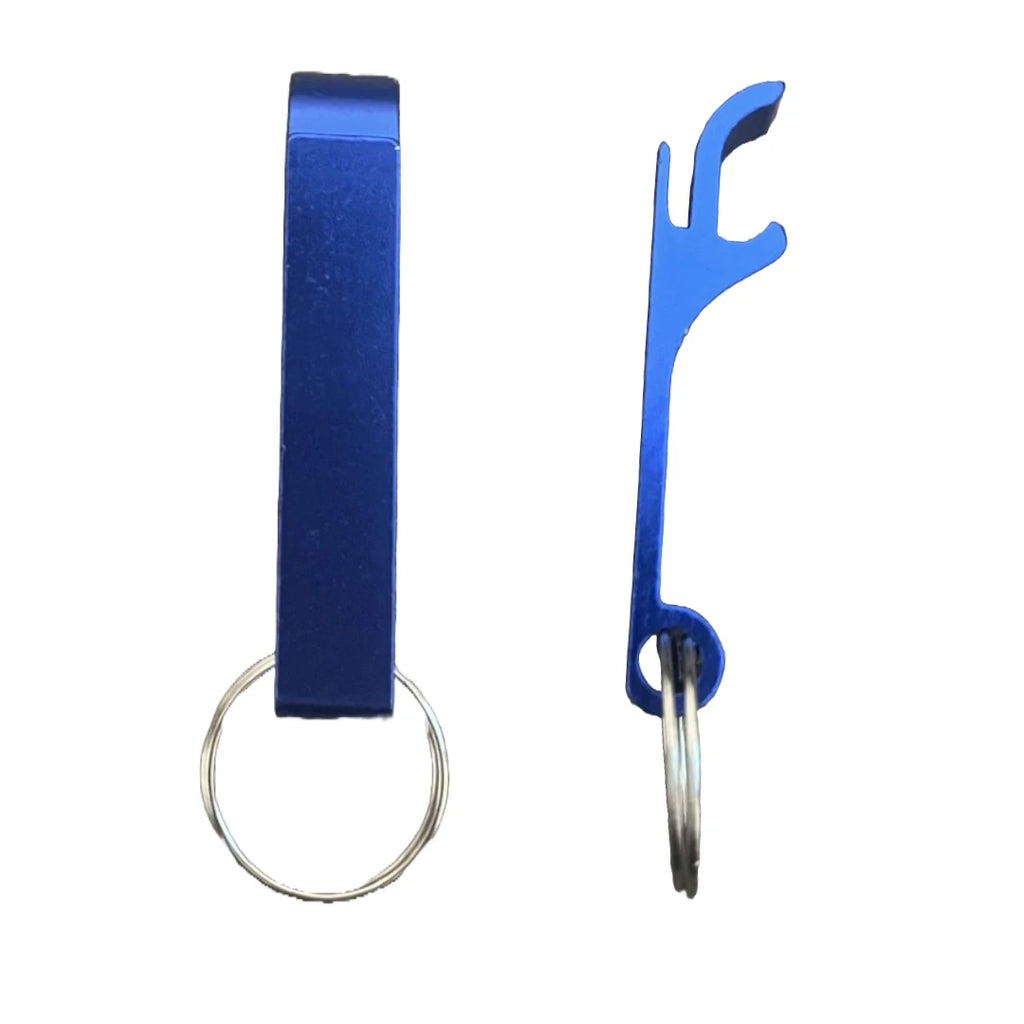 Dark Blue metal bottle opener keychain on a split ring