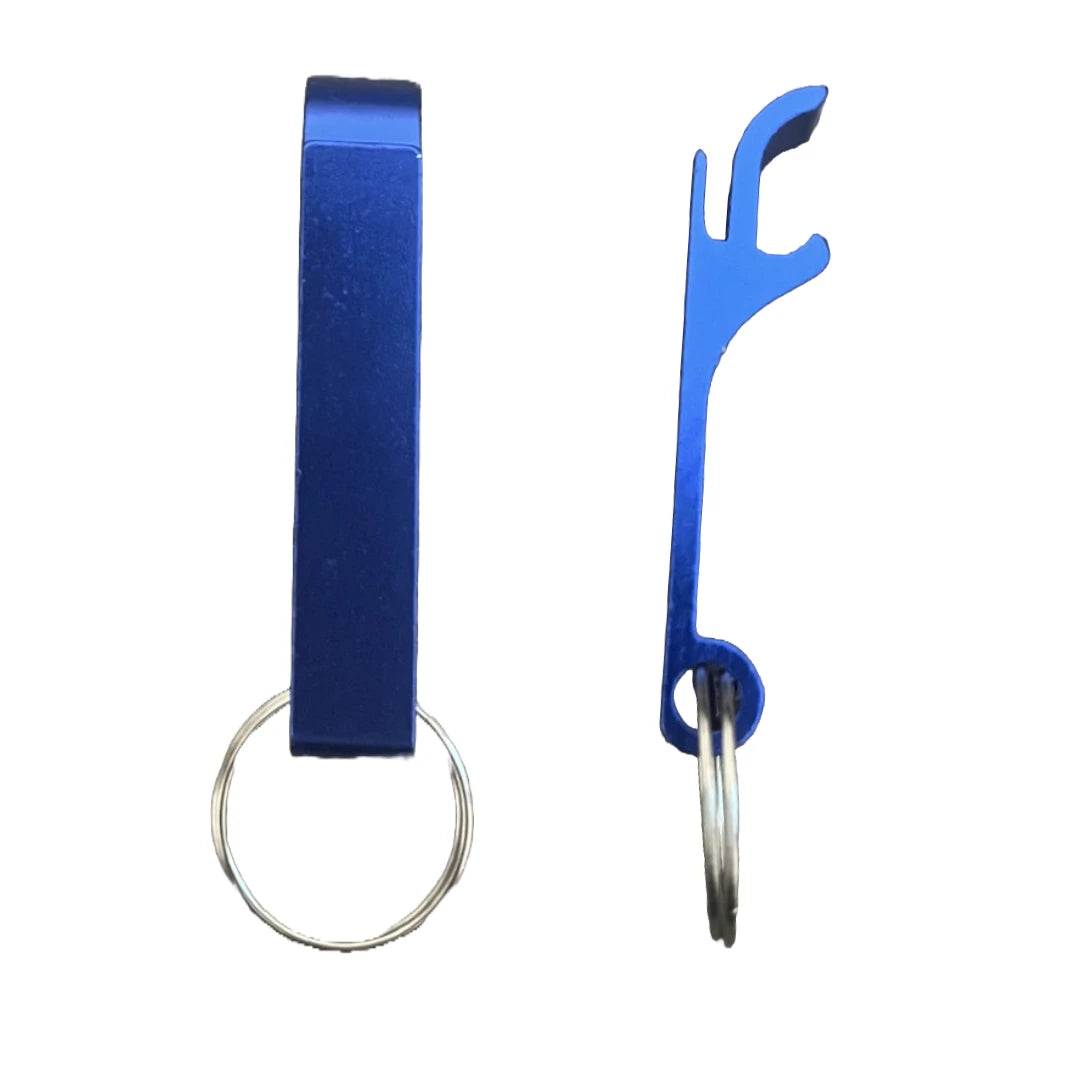 Dark Blue metal bottle opener keychain on a split ring